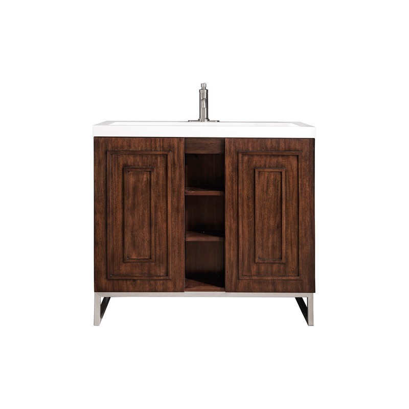 JAMES MARTIN E110V39.5MCABNKWG ALICANTE' 39.5 INCH SINGLE VANITY CABINET IN MID CENTURY ACACIA AND BRUSHED NICKEL WITH WHITE GLOSSY COMPOSITE COUNTERTOP