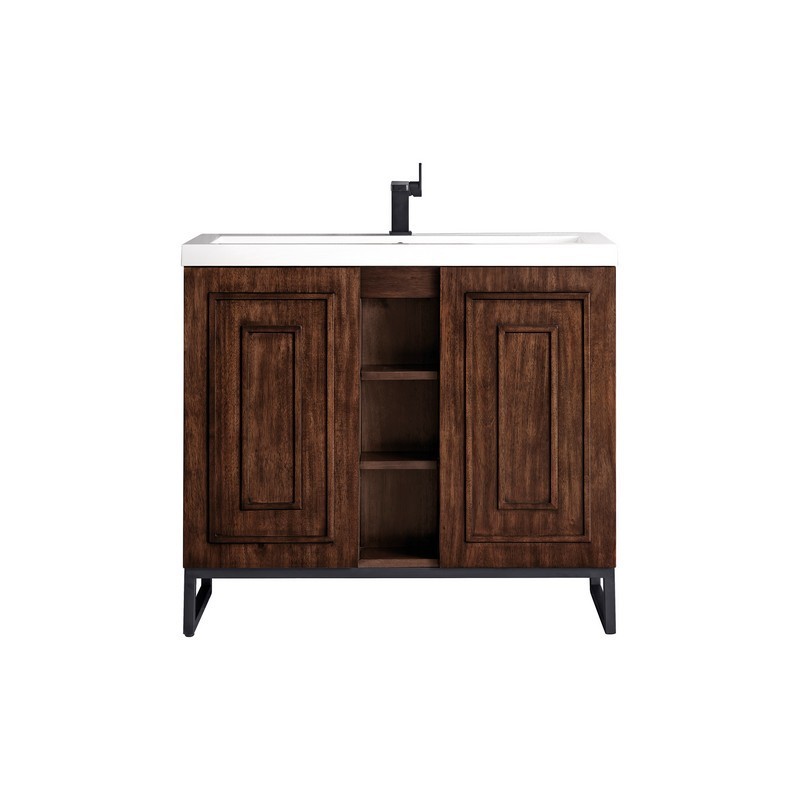 JAMES MARTIN E110V39.5MCAMBKWG ALICANTE' 39.5 INCH SINGLE VANITY CABINET IN MID CENTURY ACACIA AND MATTE BLACK WITH WHITE GLOSSY COMPOSITE COUNTERTOP