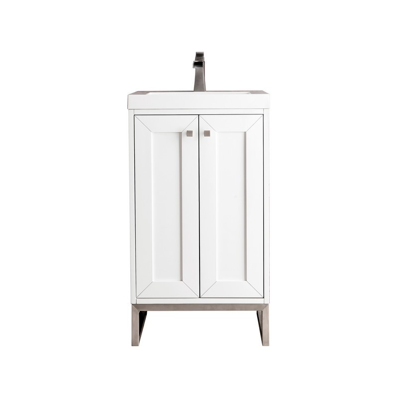JAMES MARTIN E303V20GWBNKWG CHIANTI 20 INCH SINGLE VANITY CABINET IN GLOSSY WHITE AND BRUSHED NICKEL WITH WHITE GLOSSY COMPOSITE COUNTERTOP