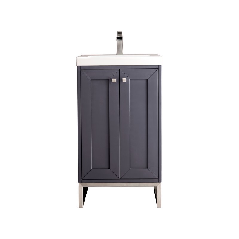 JAMES MARTIN E303V20MGBNKWG CHIANTI 20 INCH SINGLE VANITY CABINET IN MINERAL GREY AND BRUSHED NICKEL WITH WHITE GLOSSY COMPOSITE COUNTERTOP