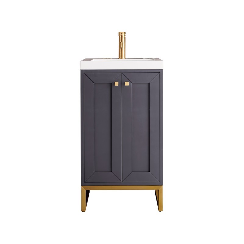 JAMES MARTIN E303V20MGRGDWG CHIANTI 20 INCH SINGLE VANITY CABINET IN MINERAL GREY AND RADIANT GOLD WITH WHITE GLOSSY COMPOSITE COUNTERTOP