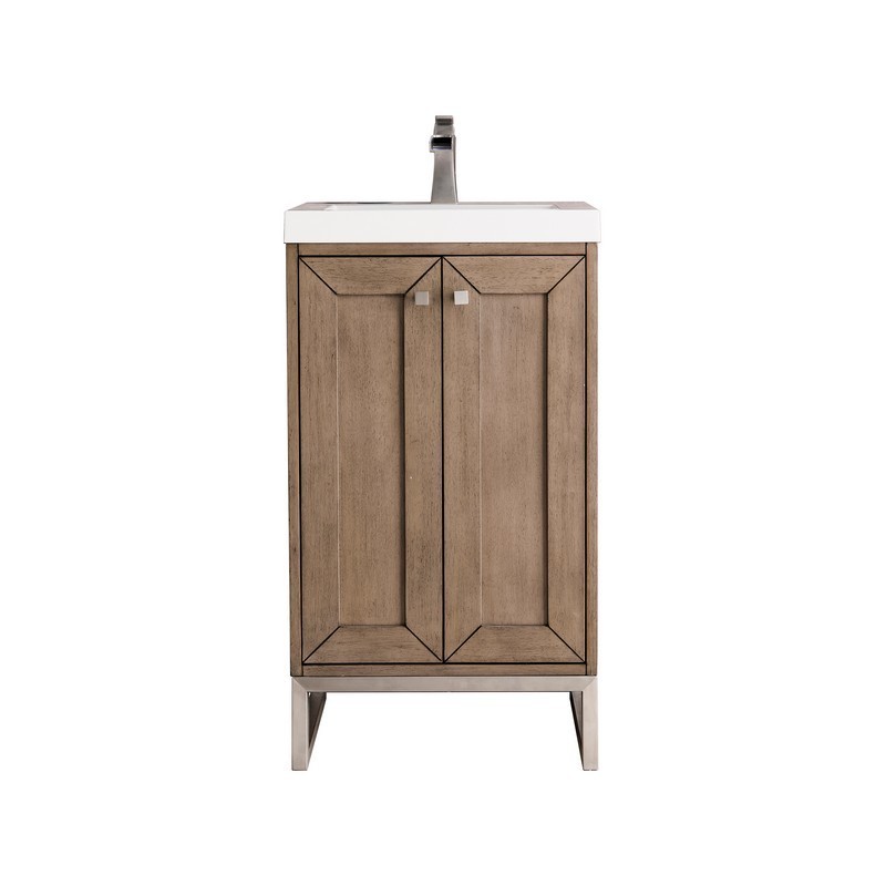 JAMES MARTIN E303V20WWBNKWG CHIANTI 20 INCH SINGLE VANITY CABINET IN WHITEWASHED WALNUT AND BRUSHED NICKEL WITH WHITE GLOSSY COMPOSITE COUNTERTOP