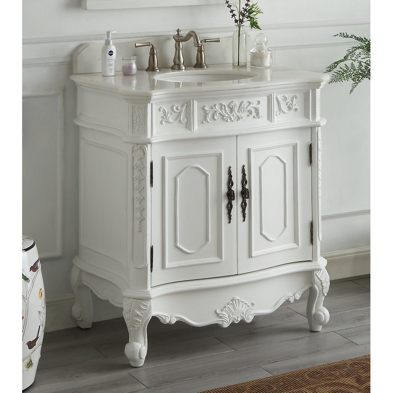 CHANS FURNITURE HF021W-AW 33 INCHES BENTON COLLECTION ANTIQUE BENSON SINGLE SINK BATHROOM VANITY IN WHITE