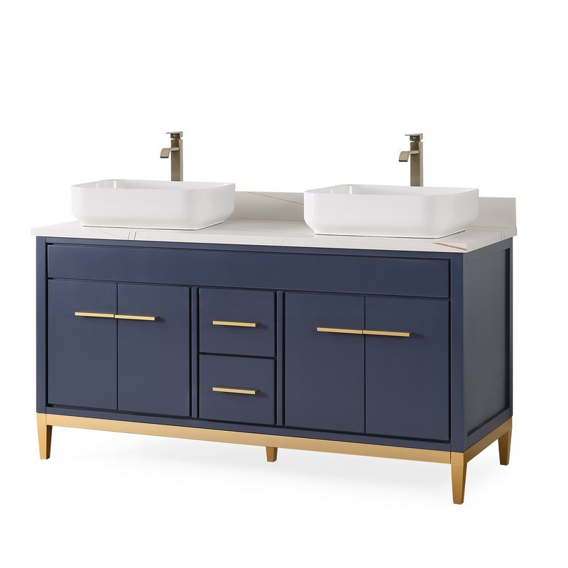CHANS FURNITURE TB-9960NB-60NU 60 INCHES TENNANT BRAND WITH BEATRICE VESSEL DOUBLE SINK VANITY IN NAVY BLUE