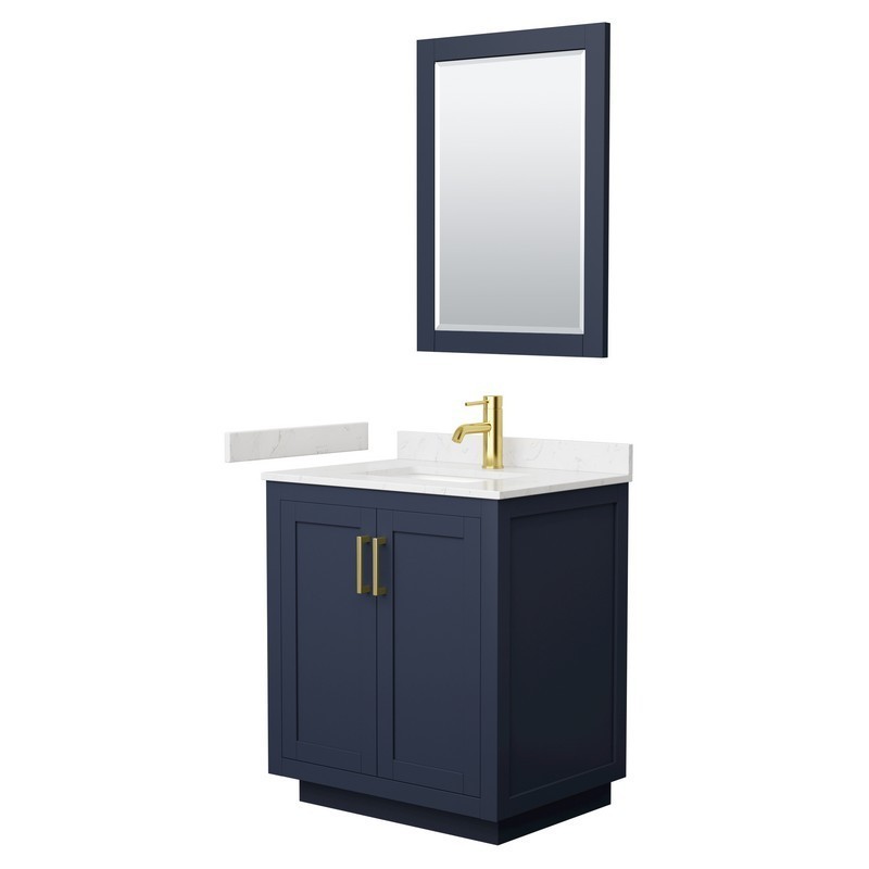 WYNDHAM COLLECTION WCF292930SBLC2UNSM24 MIRANDA 30 INCH SINGLE BATHROOM VANITY IN DARK BLUE WITH LIGHT-VEIN CARRARA CULTURED MARBLE COUNTERTOP, UNDERMOUNT SQUARE SINK, BRUSHED GOLD TRIM AND 24 INCH MIRROR