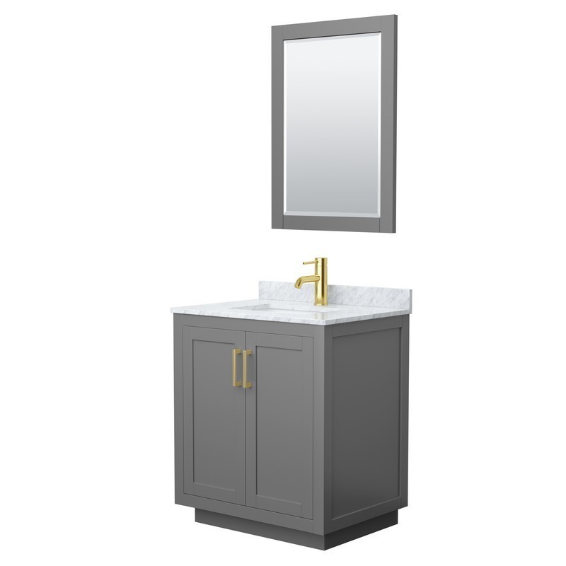 WYNDHAM COLLECTION WCF292930SGGCMUNSM24 MIRANDA 30 INCH SINGLE BATHROOM VANITY IN DARK GRAY WITH WHITE CARRARA MARBLE COUNTERTOP, UNDERMOUNT SQUARE SINK, BRUSHED GOLD TRIM AND 24 INCH MIRROR