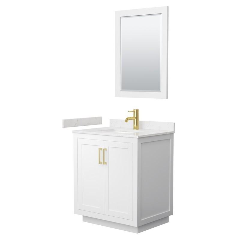 WYNDHAM COLLECTION WCF292930SWGC2UNSM24 MIRANDA 30 INCH SINGLE BATHROOM VANITY IN WHITE WITH LIGHT-VEIN CARRARA CULTURED MARBLE COUNTERTOP, UNDERMOUNT SQUARE SINK, BRUSHED GOLD TRIM AND 24 INCH MIRROR
