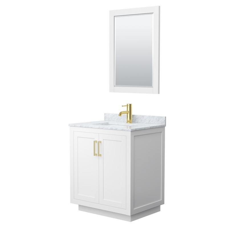 WYNDHAM COLLECTION WCF292930SWGCMUNSM24 MIRANDA 30 INCH SINGLE BATHROOM VANITY IN WHITE WITH WHITE CARRARA MARBLE COUNTERTOP, UNDERMOUNT SQUARE SINK, BRUSHED GOLD TRIM AND 24 INCH MIRROR