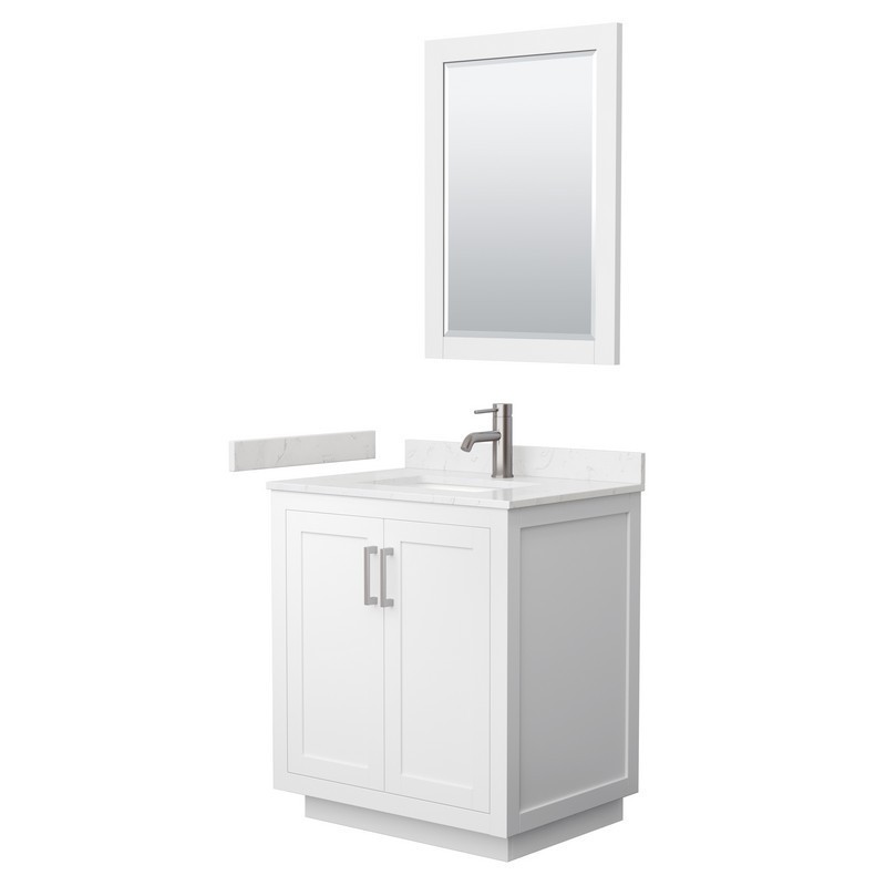 WYNDHAM COLLECTION WCF292930SWHC2UNSM24 MIRANDA 30 INCH SINGLE BATHROOM VANITY IN WHITE WITH LIGHT-VEIN CARRARA CULTURED MARBLE COUNTERTOP, UNDERMOUNT SQUARE SINK, BRUSHED NICKEL TRIM AND 24 INCH MIRROR