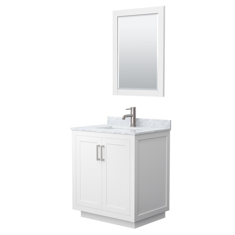 WYNDHAM COLLECTION WCF292930SWHCMUNSM24 MIRANDA 30 INCH SINGLE BATHROOM VANITY IN WHITE WITH WHITE CARRARA MARBLE COUNTERTOP, UNDERMOUNT SQUARE SINK, BRUSHED NICKEL TRIM AND 24 INCH MIRROR