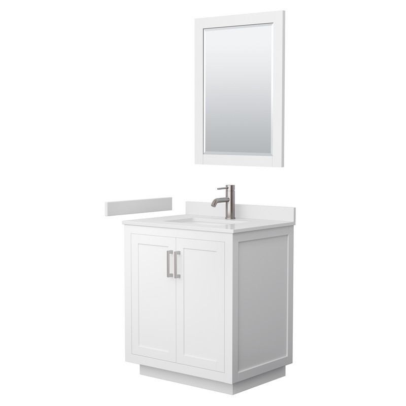 WYNDHAM COLLECTION WCF292930SWHWCUNSM24 MIRANDA 30 INCH SINGLE BATHROOM VANITY IN WHITE WITH WHITE CULTURED MARBLE COUNTERTOP, UNDERMOUNT SQUARE SINK, BRUSHED NICKEL TRIM AND 24 INCH MIRROR