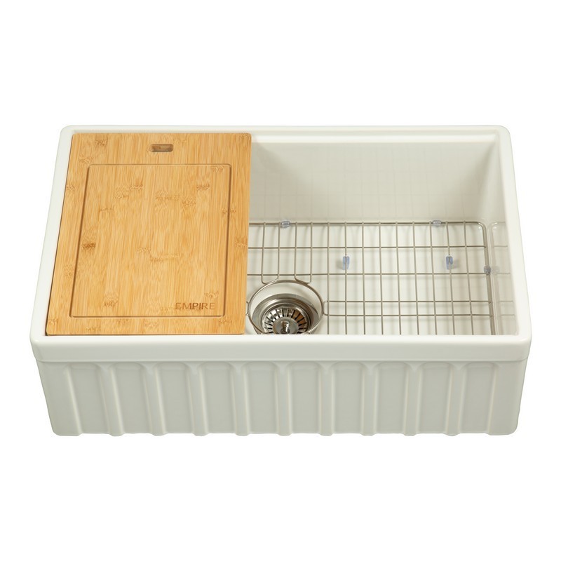 EMPIRE INDUSTRIES YO30G YORKSHIRE 30 INCH FARMHOUSE FIRECLAY KITCHEN SINK IN WHITE WITH CUTTING-BOARD, GRID AND STRAINER