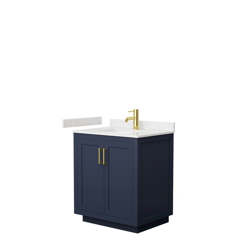 WYNDHAM COLLECTION WCF292930SBLC2UNSMXX MIRANDA 30 INCH SINGLE BATHROOM VANITY IN DARK BLUE WITH LIGHT-VEIN CARRARA CULTURED MARBLE COUNTERTOP, UNDERMOUNT SQUARE SINK AND BRUSHED GOLD TRIM