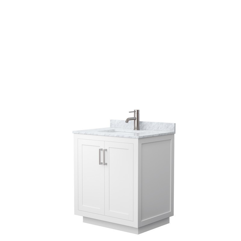 WYNDHAM COLLECTION WCF292930SWHCMUNSMXX MIRANDA 30 INCH SINGLE BATHROOM VANITY IN WHITE WITH WHITE CARRARA MARBLE COUNTERTOP, UNDERMOUNT SQUARE SINK AND BRUSHED NICKEL TRIM