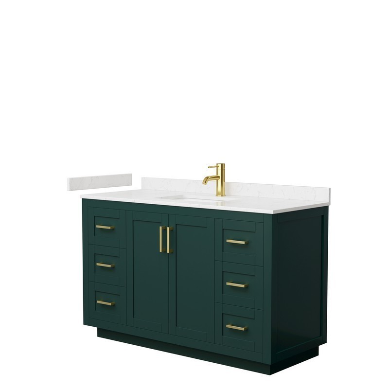 WYNDHAM COLLECTION WCF292954SGDC2UNSMXX MIRANDA 54 INCH SINGLE BATHROOM VANITY IN GREEN WITH LIGHT-VEIN CARRARA CULTURED MARBLE COUNTERTOP, UNDERMOUNT SQUARE SINK AND BRUSHED GOLD TRIM