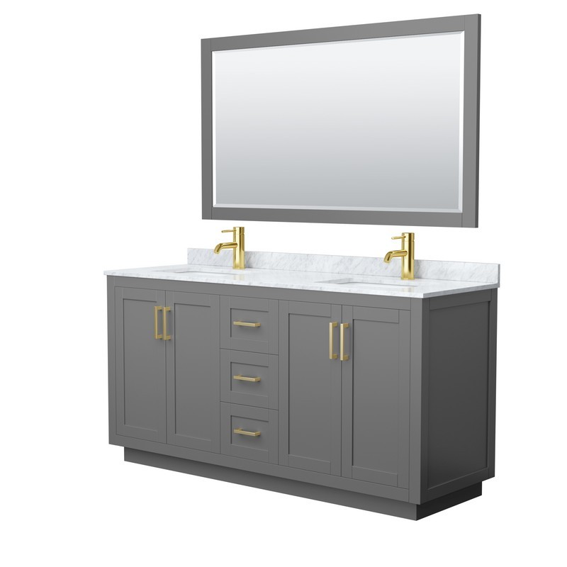 WYNDHAM COLLECTION WCF292966DGGCMUNSM58 MIRANDA 66 INCH DOUBLE BATHROOM VANITY IN DARK GRAY WITH WHITE CARRARA MARBLE COUNTERTOP, UNDERMOUNT SQUARE SINKS, BRUSHED GOLD TRIM AND 58 INCH MIRROR