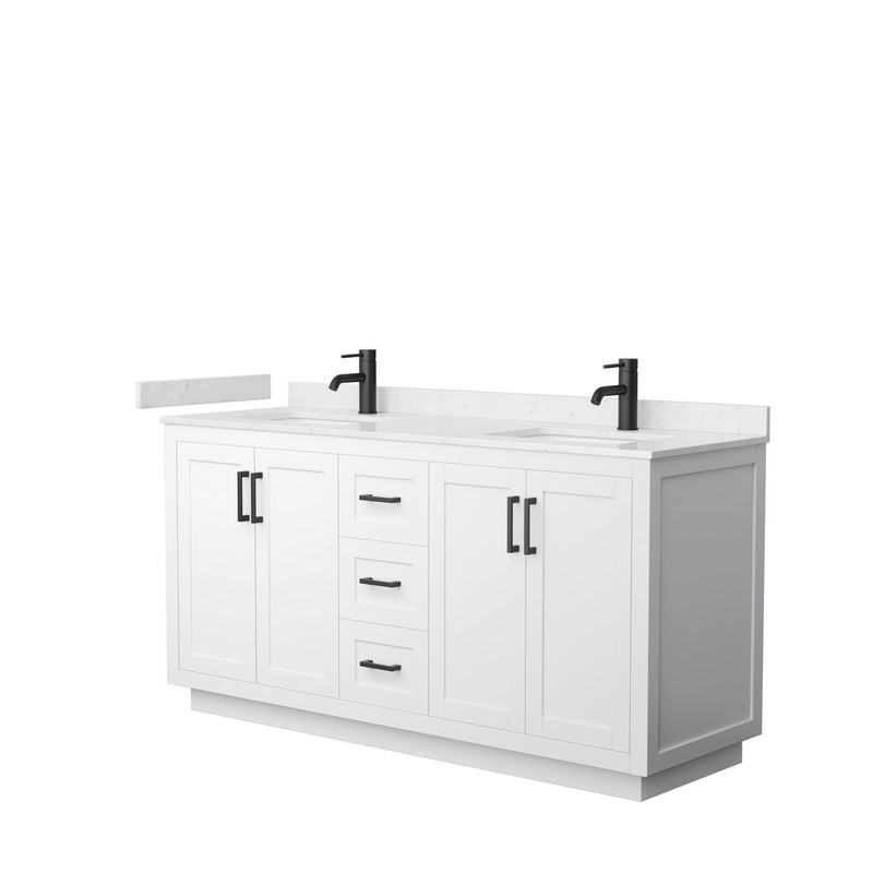 WYNDHAM COLLECTION WCF292966DWBC2UNSMXX MIRANDA 66 INCH DOUBLE BATHROOM VANITY IN WHITE WITH LIGHT-VEIN CARRARA CULTURED MARBLE COUNTERTOP, UNDERMOUNT SQUARE SINKS AND MATTE BLACK TRIM