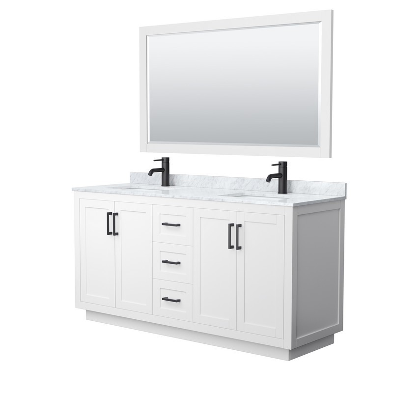 WYNDHAM COLLECTION WCF292966DWBCMUNSM58 MIRANDA 66 INCH DOUBLE BATHROOM VANITY IN WHITE WITH WHITE CARRARA MARBLE COUNTERTOP, UNDERMOUNT SQUARE SINKS, MATTE BLACK TRIM AND 58 INCH MIRROR