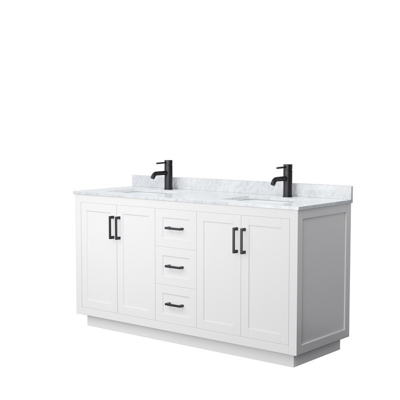 WYNDHAM COLLECTION WCF292966DWBCMUNSMXX MIRANDA 66 INCH DOUBLE BATHROOM VANITY IN WHITE WITH WHITE CARRARA MARBLE COUNTERTOP, UNDERMOUNT SQUARE SINKS AND MATTE BLACK TRIM