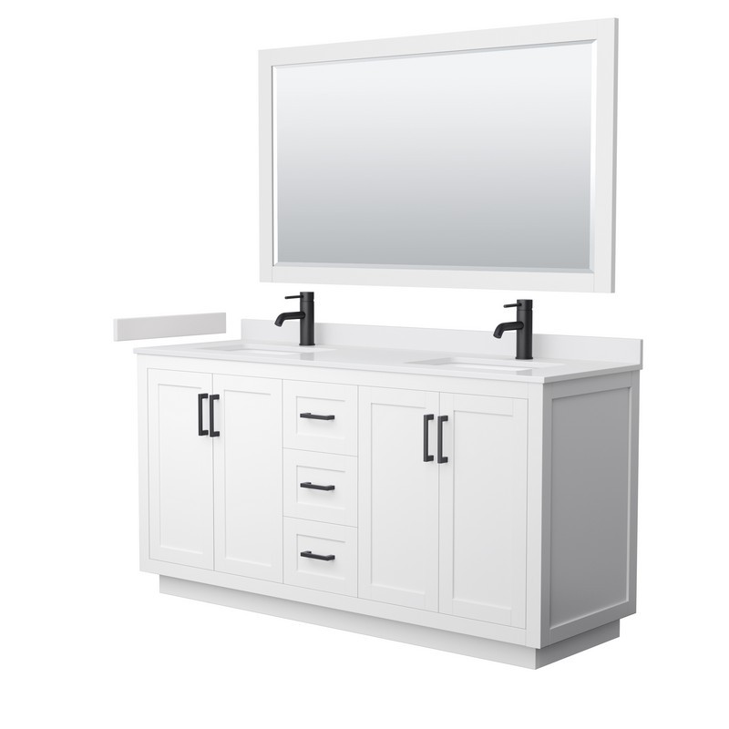 WYNDHAM COLLECTION WCF292966DWBWCUNSM58 MIRANDA 66 INCH DOUBLE BATHROOM VANITY IN WHITE WITH WHITE CULTURED MARBLE COUNTERTOP, UNDERMOUNT SQUARE SINKS, MATTE BLACK TRIM AND 58 INCH MIRROR