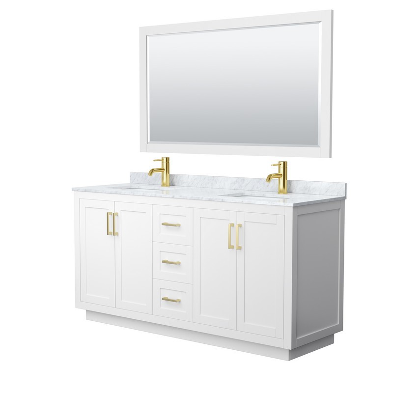 WYNDHAM COLLECTION WCF292966DWGCMUNSM58 MIRANDA 66 INCH DOUBLE BATHROOM VANITY IN WHITE WITH WHITE CARRARA MARBLE COUNTERTOP, UNDERMOUNT SQUARE SINKS, BRUSHED GOLD TRIM AND 58 INCH MIRROR