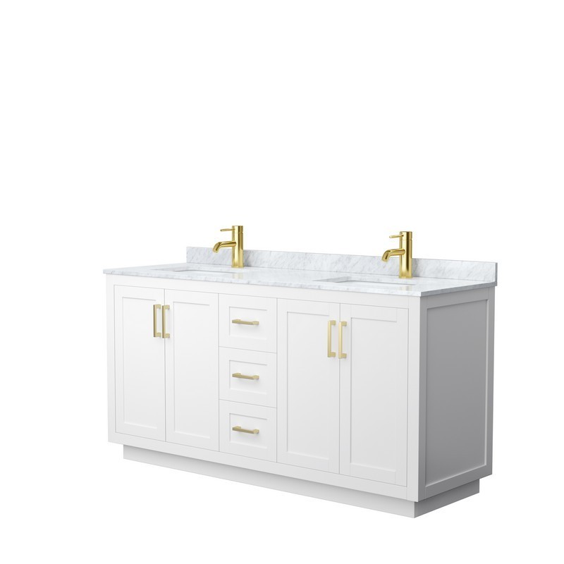 WYNDHAM COLLECTION WCF292966DWGCMUNSMXX MIRANDA 66 INCH DOUBLE BATHROOM VANITY IN WHITE WITH WHITE CARRARA MARBLE COUNTERTOP, UNDERMOUNT SQUARE SINKS AND BRUSHED GOLD TRIM