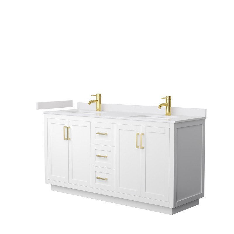 WYNDHAM COLLECTION WCF292966DWGWCUNSMXX MIRANDA 66 INCH DOUBLE BATHROOM VANITY IN WHITE WITH WHITE CULTURED MARBLE COUNTERTOP, UNDERMOUNT SQUARE SINKS AND BRUSHED GOLD TRIM
