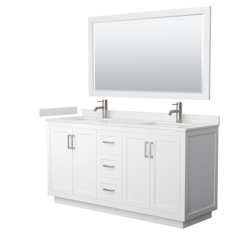 WYNDHAM COLLECTION WCF292966DWHC2UNSM58 MIRANDA 66 INCH DOUBLE BATHROOM VANITY IN WHITE WITH LIGHT-VEIN CARRARA CULTURED MARBLE COUNTERTOP, UNDERMOUNT SQUARE SINKS, BRUSHED NICKEL TRIM AND 58 INCH MIRROR