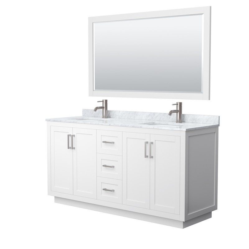 WYNDHAM COLLECTION WCF292966DWHCMUNSM58 MIRANDA 66 INCH DOUBLE BATHROOM VANITY IN WHITE WITH WHITE CARRARA MARBLE COUNTERTOP, UNDERMOUNT SQUARE SINKS, BRUSHED NICKEL TRIM AND 58 INCH MIRROR