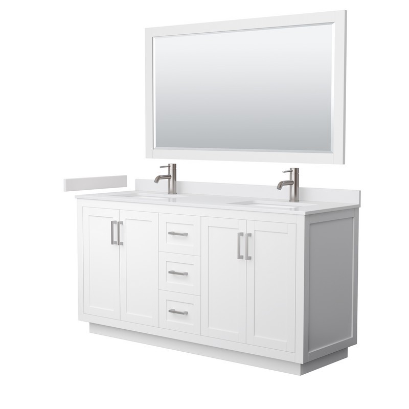 WYNDHAM COLLECTION WCF292966DWHWCUNSM58 MIRANDA 66 INCH DOUBLE BATHROOM VANITY IN WHITE WITH WHITE CULTURED MARBLE COUNTERTOP, UNDERMOUNT SQUARE SINKS, BRUSHED NICKEL TRIM AND 58 INCH MIRROR