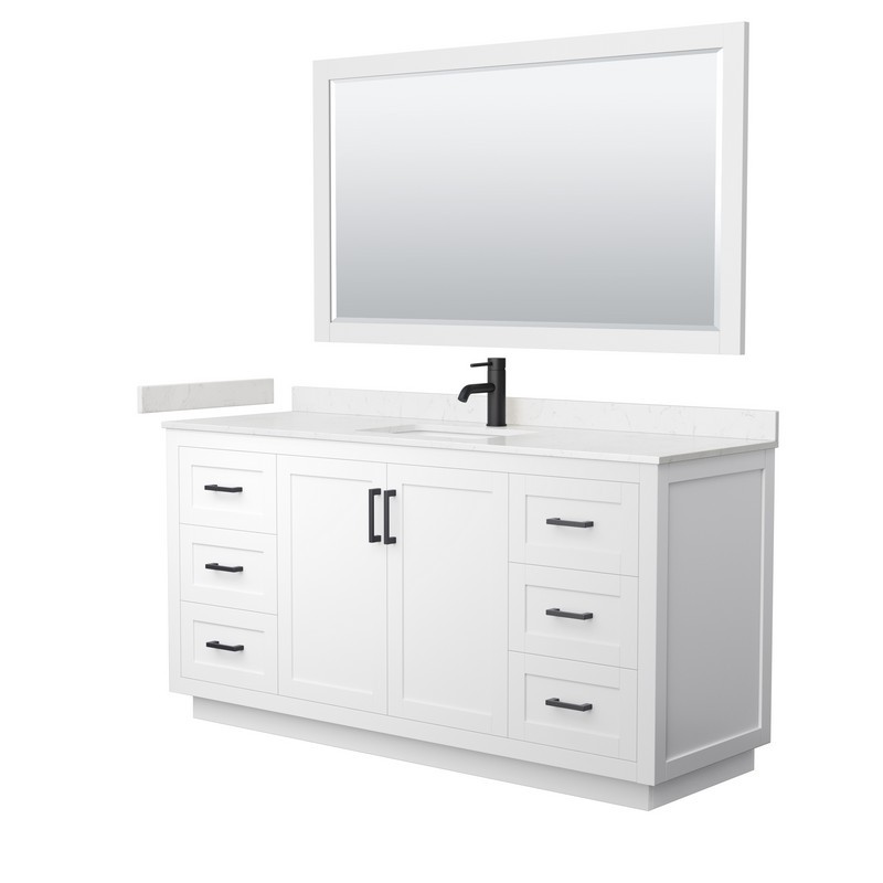 WYNDHAM COLLECTION WCF292966SWBC2UNSM58 MIRANDA 66 INCH SINGLE BATHROOM VANITY IN WHITE WITH LIGHT-VEIN CARRARA CULTURED MARBLE COUNTERTOP, UNDERMOUNT SQUARE SINK AND MATTE BLACK TRIM AND 58 INCH MIRROR