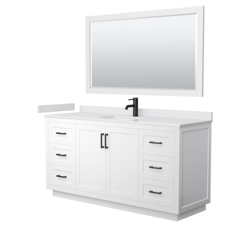 WYNDHAM COLLECTION WCF292966SWBWCUNSM58 MIRANDA 66 INCH SINGLE BATHROOM VANITY IN WHITE WITH WHITE CULTURED MARBLE COUNTERTOP, UNDERMOUNT SQUARE SINK, MATTE BLACK TRIM AND 58 INCH MIRROR
