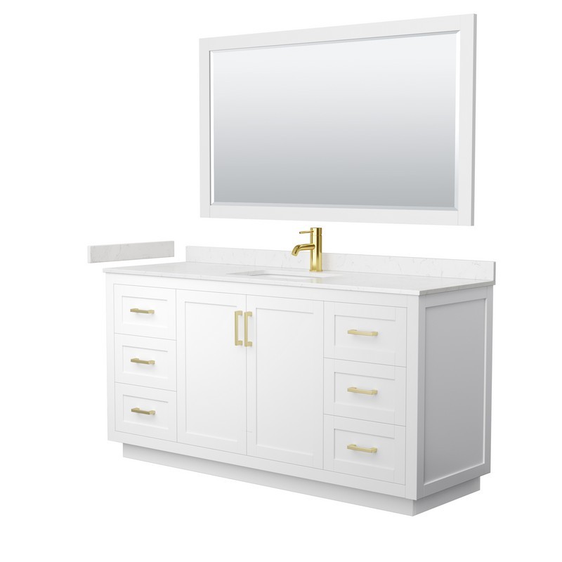 WYNDHAM COLLECTION WCF292966SWGC2UNSM58 MIRANDA 66 INCH SINGLE BATHROOM VANITY IN WHITE WITH LIGHT-VEIN CARRARA CULTURED MARBLE COUNTERTOP, UNDERMOUNT SQUARE SINK, BRUSHED GOLD TRIM AND 58 INCH MIRROR