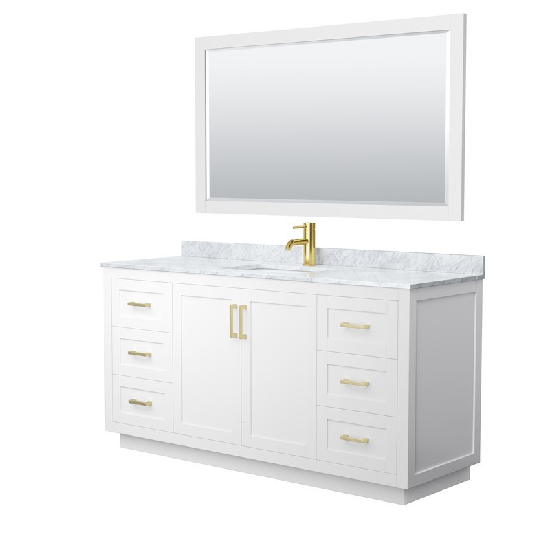 WYNDHAM COLLECTION WCF292966SWGCMUNSM58 MIRANDA 66 INCH SINGLE BATHROOM VANITY IN WHITE WITH WHITE CARRARA MARBLE COUNTERTOP, UNDERMOUNT SQUARE SINK, BRUSHED GOLD TRIM AND 58 INCH MIRROR
