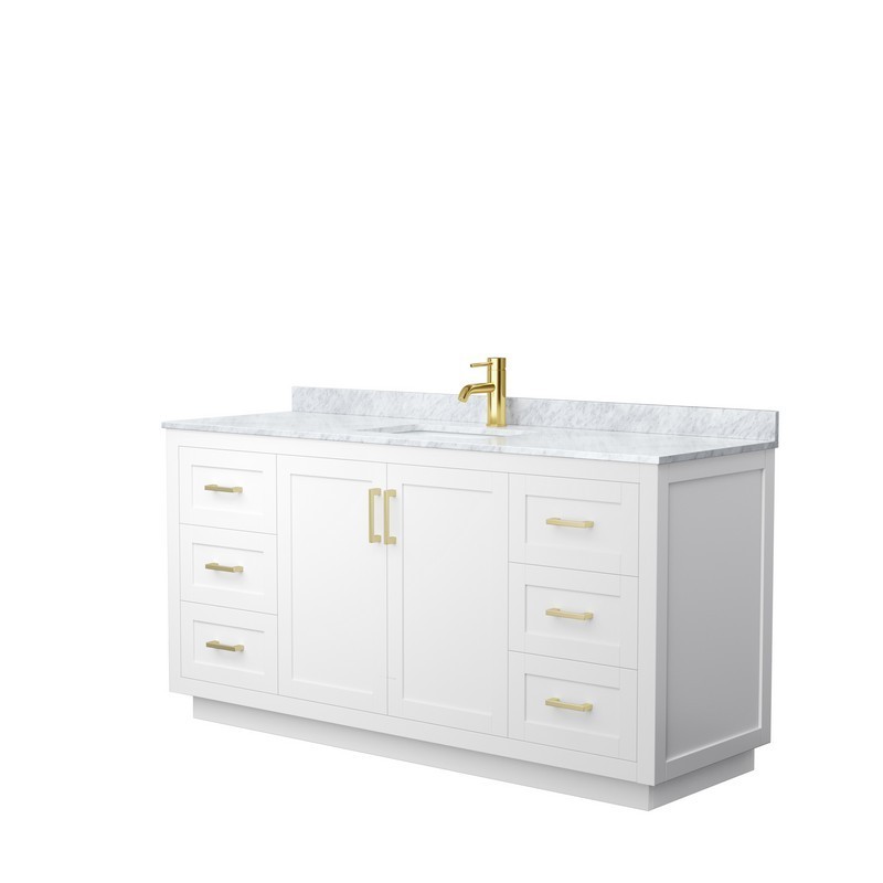 WYNDHAM COLLECTION WCF292966SWGCMUNSMXX MIRANDA 66 INCH SINGLE BATHROOM VANITY IN WHITE WITH WHITE CARRARA MARBLE COUNTERTOP, UNDERMOUNT SQUARE SINK AND BRUSHED GOLD TRIM