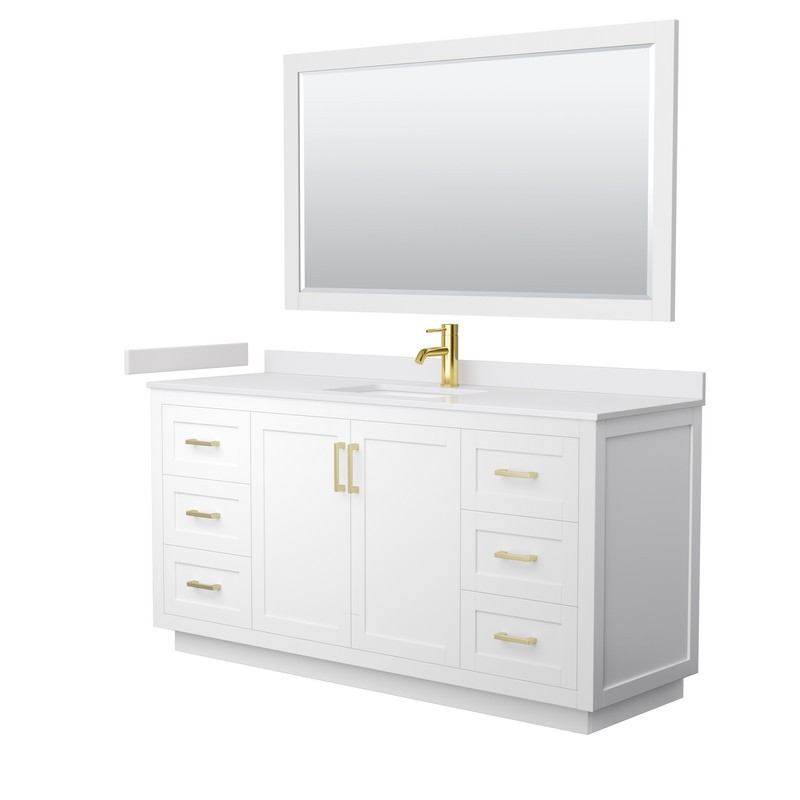 WYNDHAM COLLECTION WCF292966SWGWCUNSM58 MIRANDA 66 INCH SINGLE BATHROOM VANITY IN WHITE WITH WHITE CULTURED MARBLE COUNTERTOP, UNDERMOUNT SQUARE SINK, BRUSHED GOLD TRIM AND 58 INCH MIRROR