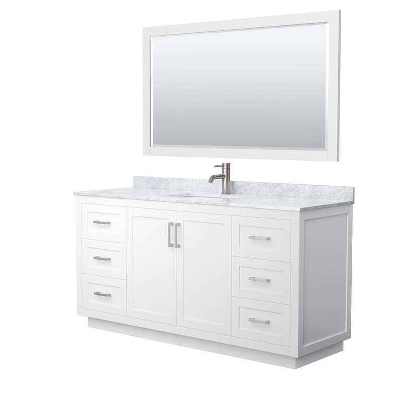 WYNDHAM COLLECTION WCF292966SWHCMUNSM58 MIRANDA 66 INCH SINGLE BATHROOM VANITY IN WHITE WITH WHITE CARRARA MARBLE COUNTERTOP, UNDERMOUNT SQUARE SINK, BRUSHED NICKEL TRIM AND 58 INCH MIRROR