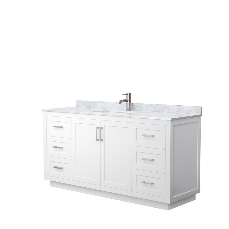 WYNDHAM COLLECTION WCF292966SWHCMUNSMXX MIRANDA 66 INCH SINGLE BATHROOM VANITY IN WHITE WITH WHITE CARRARA MARBLE COUNTERTOP, UNDERMOUNT SQUARE SINK AND BRUSHED NICKEL TRIM