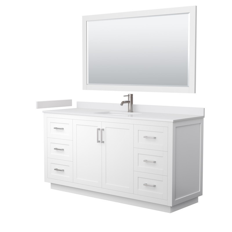 WYNDHAM COLLECTION WCF292966SWHWCUNSM58 MIRANDA 66 INCH SINGLE BATHROOM VANITY IN WHITE WITH WHITE CULTURED MARBLE COUNTERTOP, UNDERMOUNT SQUARE SINK, BRUSHED NICKEL TRIM AND 58 INCH MIRROR