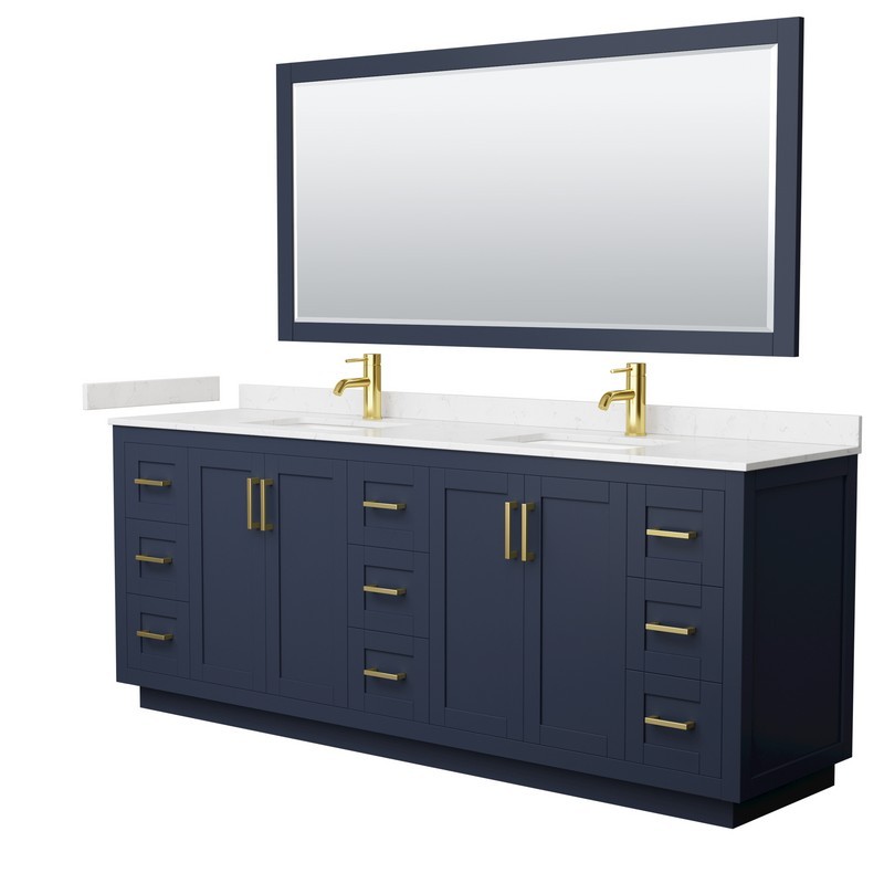 WYNDHAM COLLECTION WCF292984DBLC2UNSM70 MIRANDA 84 INCH DOUBLE BATHROOM VANITY IN DARK BLUE WITH LIGHT-VEIN CARRARA CULTURED MARBLE COUNTERTOP, UNDERMOUNT SQUARE SINKS, BRUSHED GOLD TRIM AND 70 INCH MIRROR