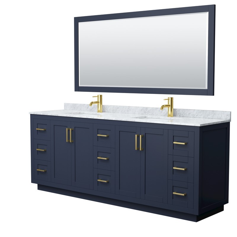 WYNDHAM COLLECTION WCF292984DBLCMUNSM70 MIRANDA 84 INCH DOUBLE BATHROOM VANITY IN DARK BLUE WITH WHITE CARRARA MARBLE COUNTERTOP, UNDERMOUNT SQUARE SINKS, BRUSHED GOLD TRIM AND 70 INCH MIRROR