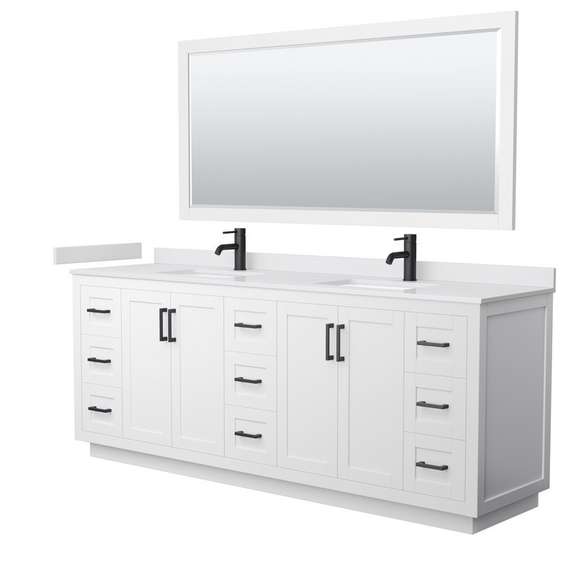 WYNDHAM COLLECTION WCF292984DWBWCUNSM70 MIRANDA 84 INCH DOUBLE BATHROOM VANITY IN WHITE WITH WHITE CULTURED MARBLE COUNTERTOP, UNDERMOUNT SQUARE SINKS, MATTE BLACK TRIM AND 70 INCH MIRROR