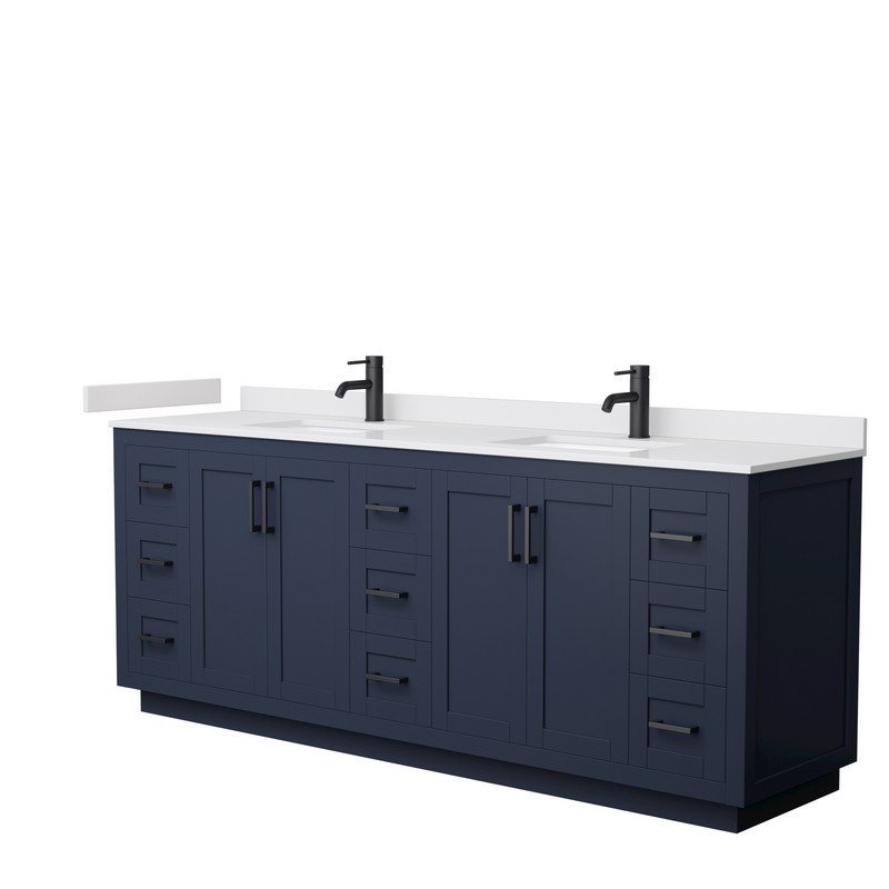 WYNDHAM COLLECTION WCF292984DBBWCUNSMXX MIRANDA 84 INCH DOUBLE BATHROOM VANITY IN DARK BLUE WITH WHITE CULTURED MARBLE COUNTERTOP, UNDERMOUNT SQUARE SINKS AND MATTE BLACK TRIM