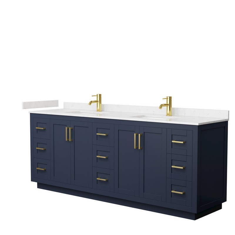 WYNDHAM COLLECTION WCF292984DBLC2UNSMXX MIRANDA 84 INCH DOUBLE BATHROOM VANITY IN DARK BLUE WITH LIGHT-VEIN CARRARA CULTURED MARBLE COUNTERTOP, UNDERMOUNT SQUARE SINKS AND BRUSHED GOLD TRIM