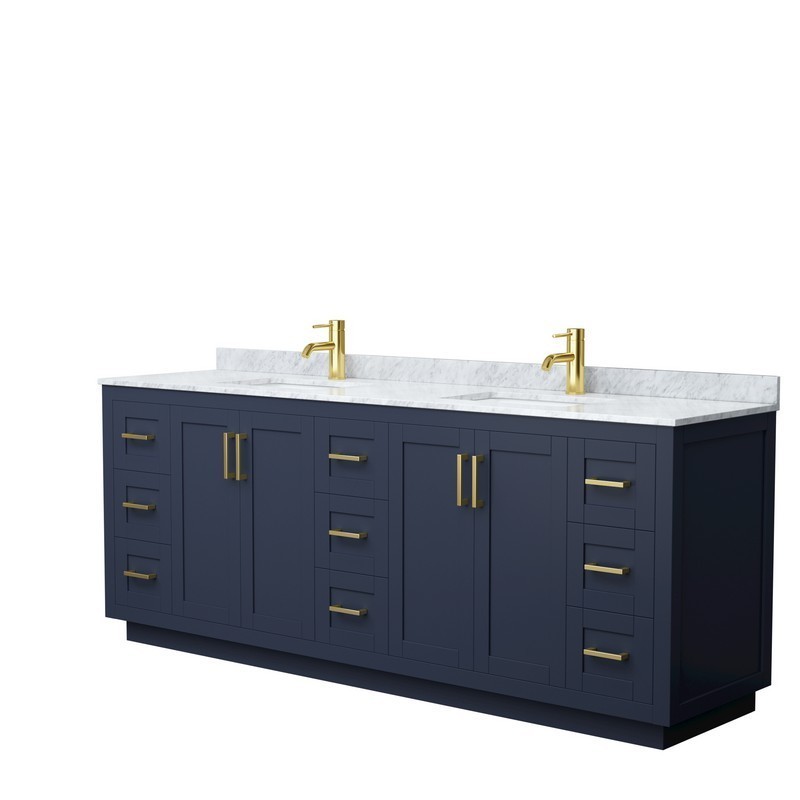 WYNDHAM COLLECTION WCF292984DBLCMUNSMXX MIRANDA 84 INCH DOUBLE BATHROOM VANITY IN DARK BLUE WITH WHITE CARRARA MARBLE COUNTERTOP, UNDERMOUNT SQUARE SINKS AND BRUSHED GOLD TRIM