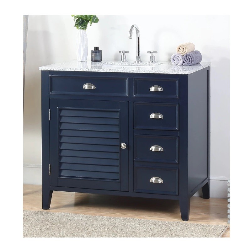CHANS FURNITURE NB-6685RA 36 INCH BENTON COLLECTION ZAPATA NAVY BLUE SHUTTER BLIND BATHROOM VANITY WITH GREY GRANITE TOP
