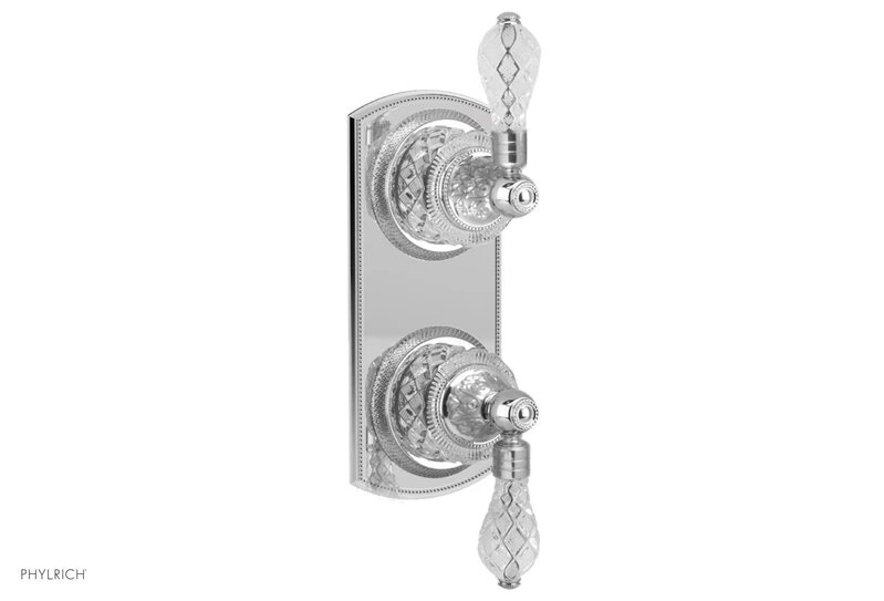 PHYLRICH 4-400 SWAN WALL MOUNT TWO CUT CRYSTAL LEVER HANDLES MINI THERMOSTATIC VALVE WITH VOLUME CONTROL OR DIVERTER TRIM