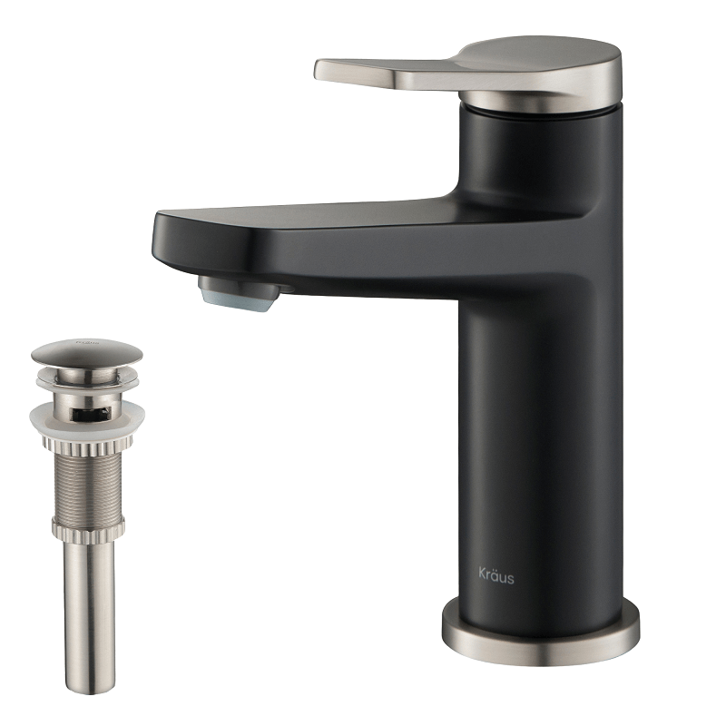 KRAUS KBF-1401SFSMB-PU-11SN INDY™ SINGLE HANDLE BATHROOM FAUCET IN SPOT FREE STAINLESS STEEL/MATTE BLACK AND MATCHING POP-UP DRAIN WITH OVERFLOW