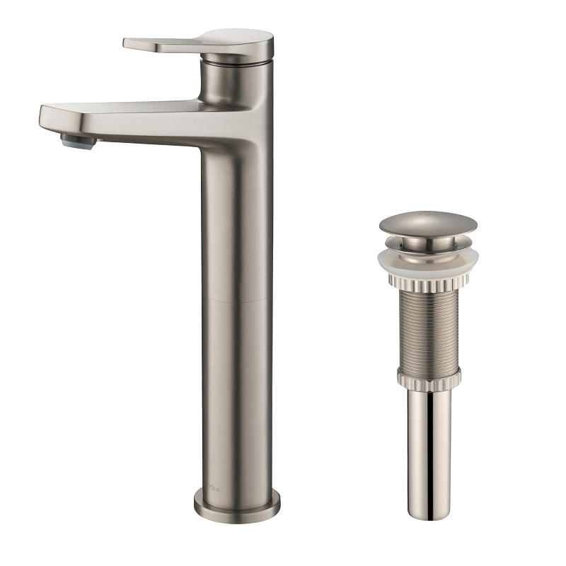 KRAUS KVF-1400SFS-PU-10SN INDY™ SINGLE HANDLE VESSEL BATHROOM FAUCET IN SPOT FREE STAINLESS STEEL WITH MATCHING POP-UP DRAIN