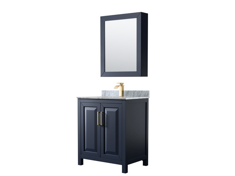 WYNDHAM COLLECTION WCV252530SBLCMUNSMED DARIA 30 INCH SINGLE BATHROOM VANITY IN DARK BLUE WITH WHITE CARRARA MARBLE COUNTERTOP, UNDERMOUNT SQUARE SINK AND MEDICINE CABINET